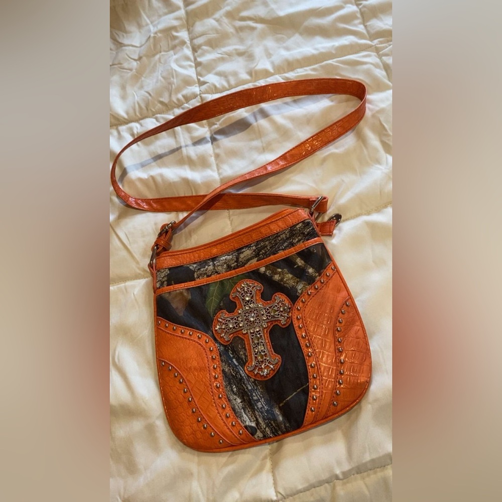 Orange Crossbody Bag with Embellished Cross